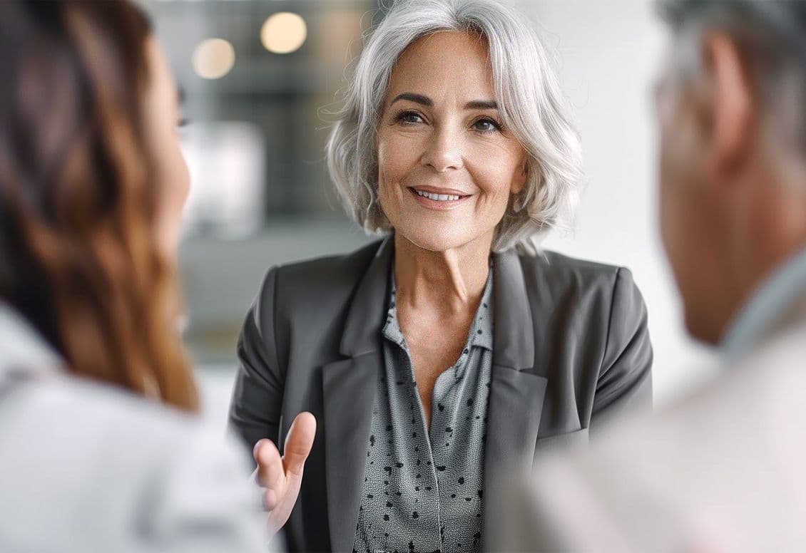 Woman smiling in conversation with two people